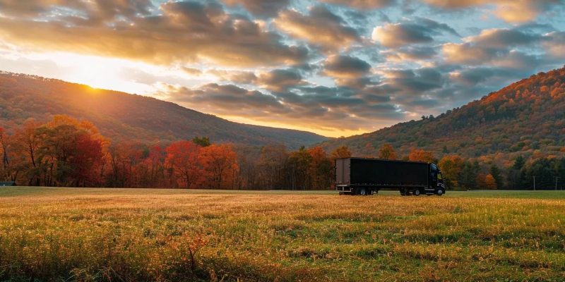 Truck parked in a scenic Hudson Valley landscape during sunset, showcasing autumn foliage and rolling hills, representing local moving services by 845 Move Now.