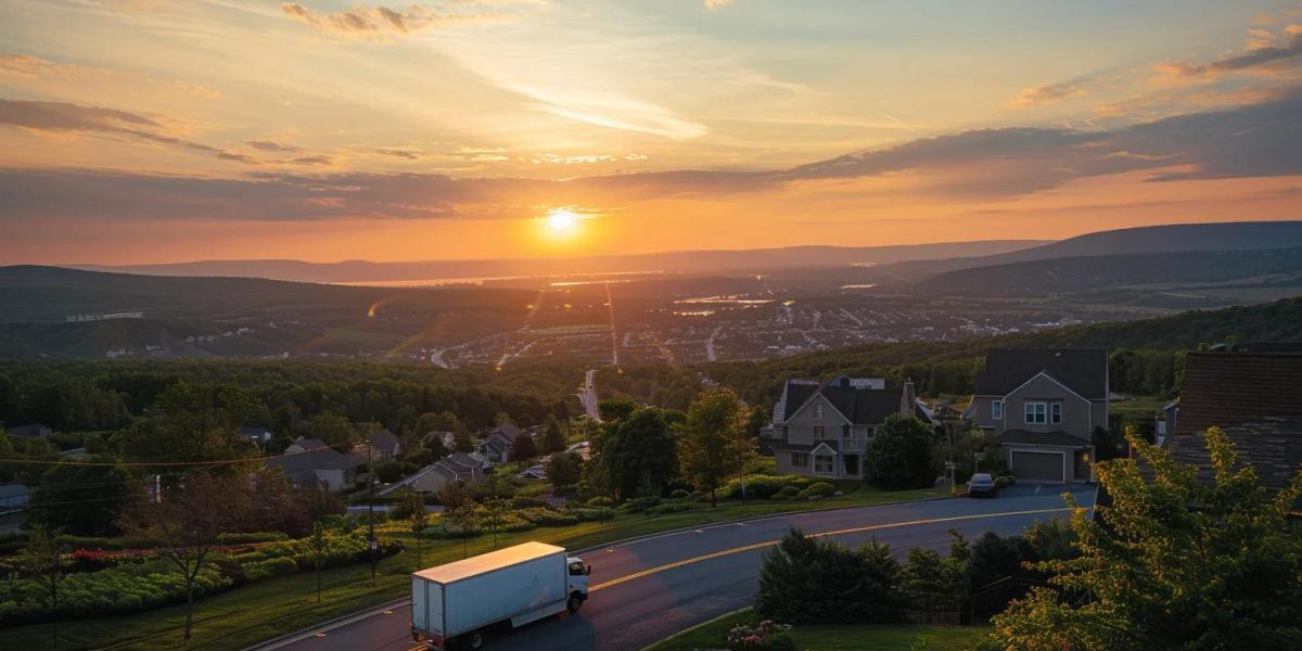 a dynamic panorama of a hudson valley landscape contrasts a bustling local moving truck with a sleek long-distance vehicle, set against a vibrant sunset that highlights the transition of moving from one home to another.