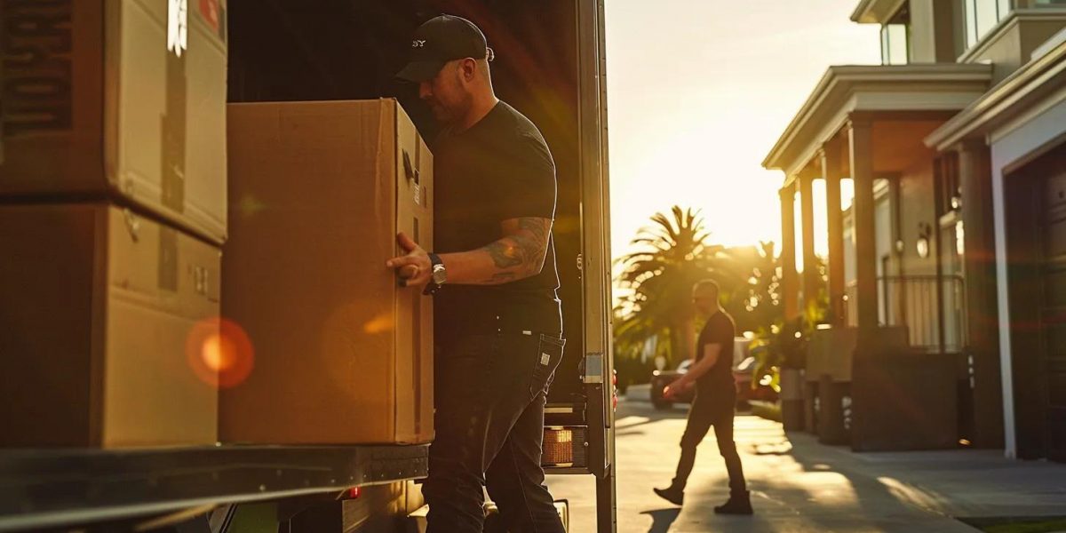 a dynamic scene captures a team of efficient professional movers skillfully packing and loading boxes into a sleek moving truck, emphasizing the seamless transition of a commercial move under bright, natural daylight.