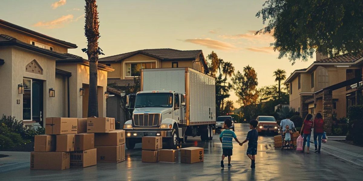 a dynamic scene captures a professional moving crew efficiently packing gleaming boxes into a spacious moving truck, surrounded by a family contemplating the ease of commercial moving services versus the challenges of diy relocation.