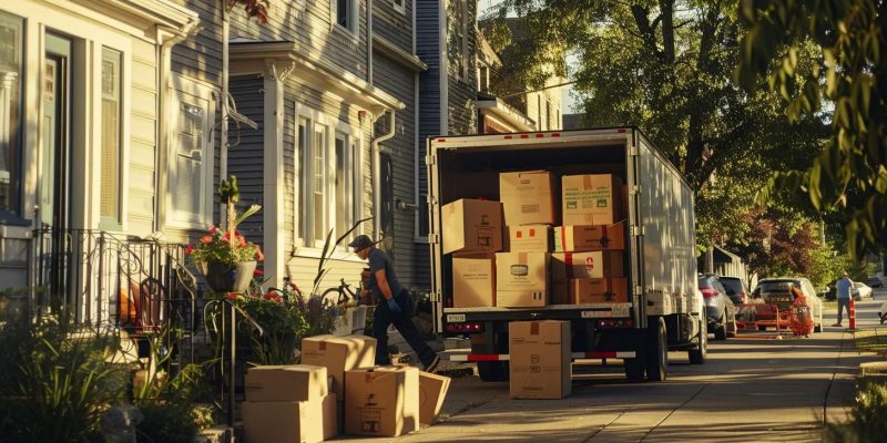 a dynamic scene of professional movers efficiently packing vibrant boxes into a bright truck, showcasing teamwork and organization in the midst of a bustling neighborhood.