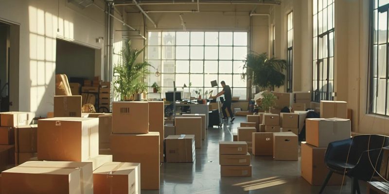 Office space filled with moving boxes and plants, depicting the process of corporate relocation and logistics.