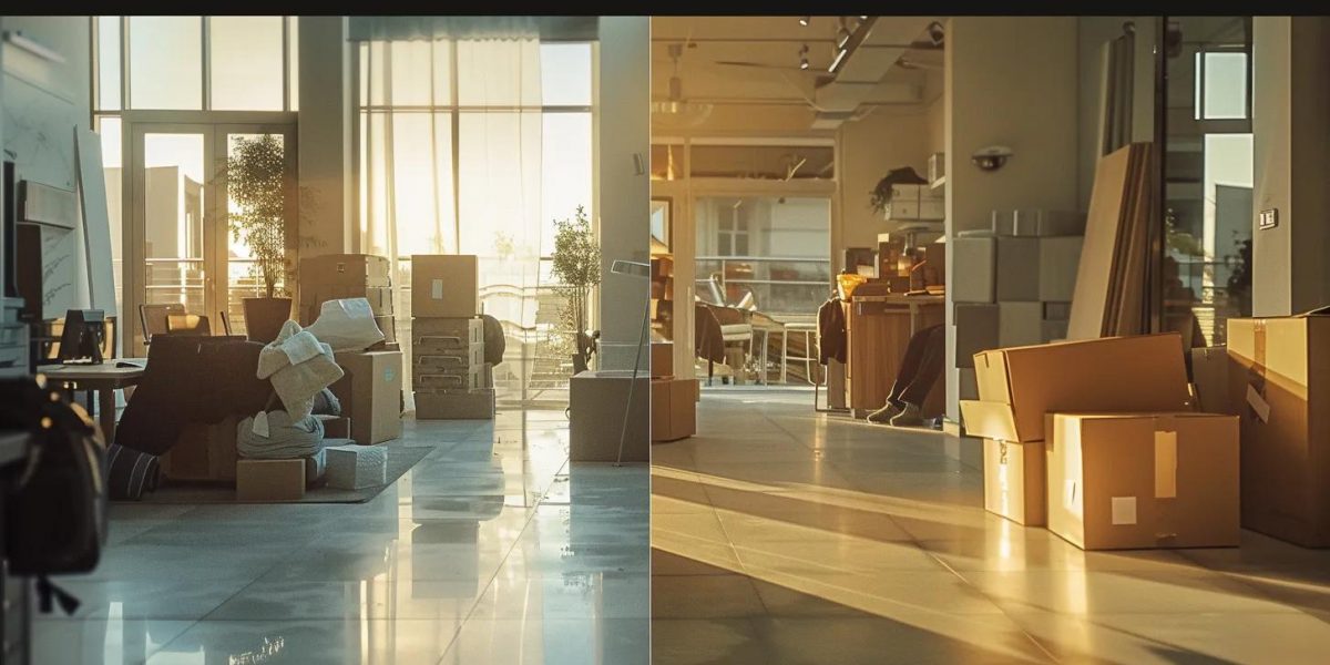 a dynamic split-screen image showcasing a bustling commercial moving scene on one side, filled with professional movers and large office furniture, contrasted with a serene residential moving scene on the other, highlighting cozy home belongings under warm, natural light.