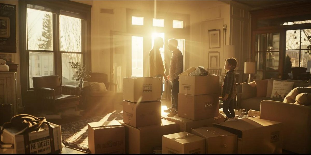 a family stands together in a sunlit living room, surrounded by neatly stacked moving boxes, symbolizing the excitement and uncertainty of choosing the right interstate commercial moving service.