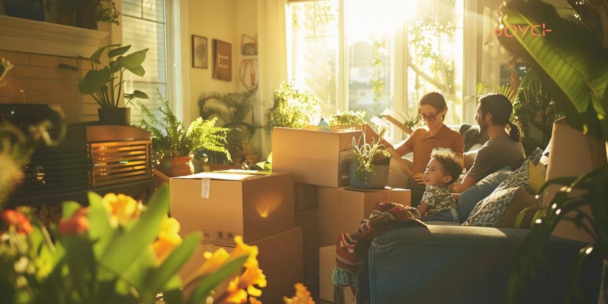 a joyful family joyfully unpacks vibrant boxes in a sunlit living room, surrounded by blooming houseplants and warm, inviting decor, symbolizing a fresh start in their new home.