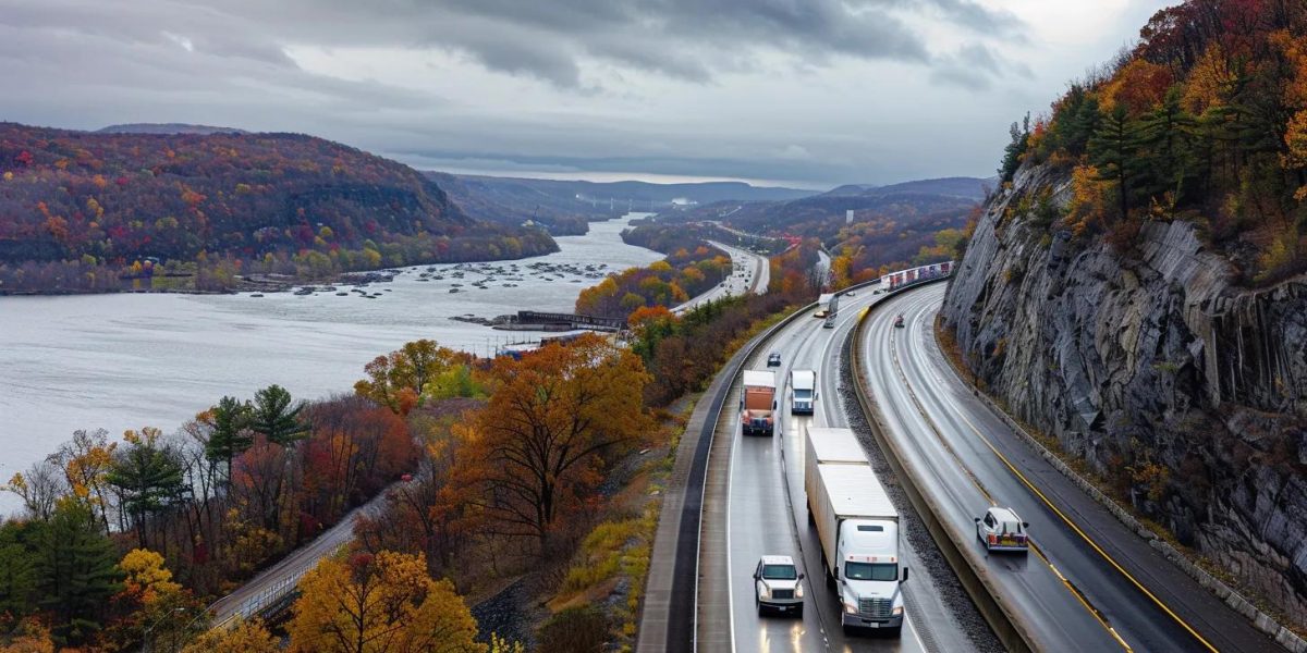 a panoramic view of a bustling hudson valley landscape, showcasing sleek moving trucks navigating through picturesque rolling hills and vibrant autumn foliage, emphasizing the theme of long-distance relocation.