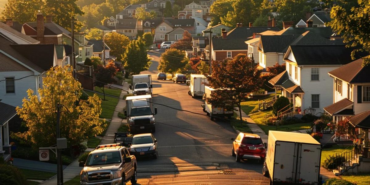 a panoramic view of a bustling hudson valley neighborhood showcasing rows of colorful moving trucks parked outside charming homes, bathed in the warm glow of golden hour sunlight.