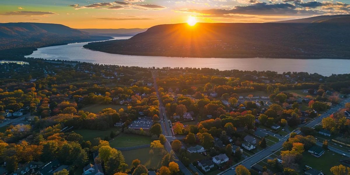 a panoramic view of the picturesque hudson valley landscape, showcasing rolling hills and distant mountains, bathed in warm golden light at sunset, symbolizing the varying moving costs influenced by distance.