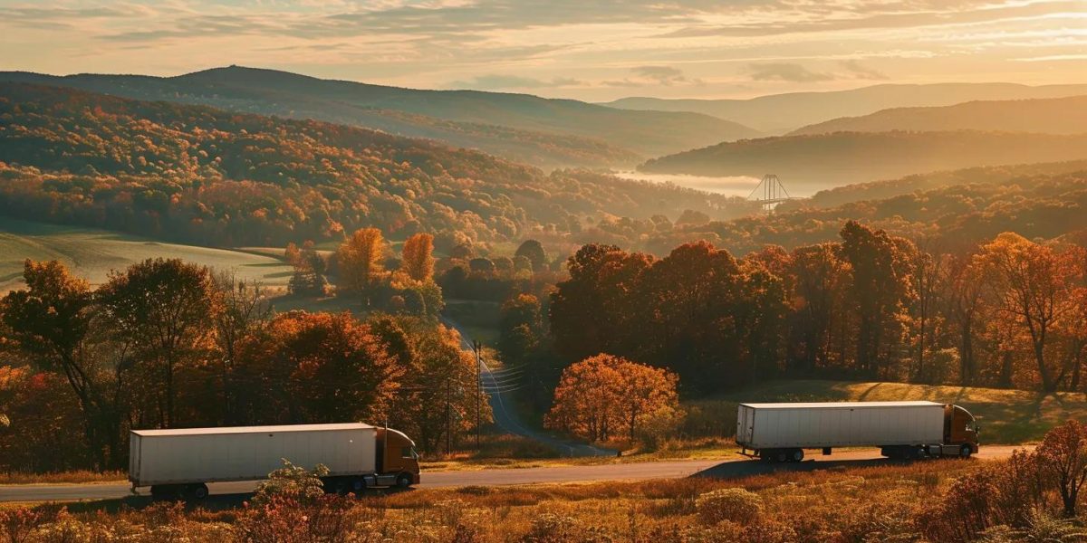 a panoramic view of the scenic hudson valley, showcasing rolling hills and vibrant fall foliage, with a subtle overlay of moving truck silhouettes and cost graphs, illustrating the comparison of local moving expenses against national averages.