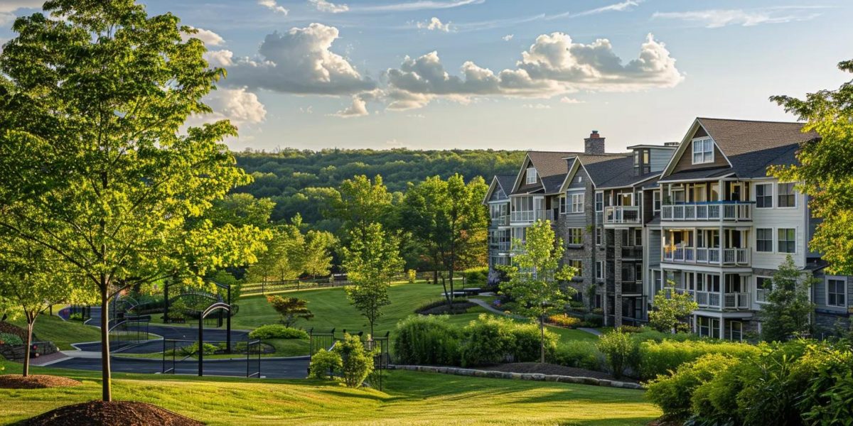 a serene hudson valley landscape showcases a charming one-bedroom apartment surrounded by lush greenery and rolling hills, emphasizing the tranquil and budget-friendly essence of moving within this idyllic region.