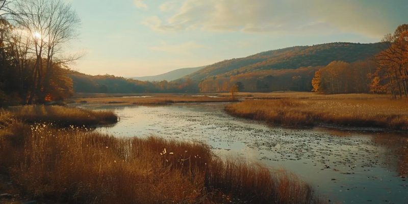 Serene Hudson Valley landscape featuring a tranquil river, golden grasses, and rolling mountains under a soft sunset sky, representing the beauty of the region for potential movers.