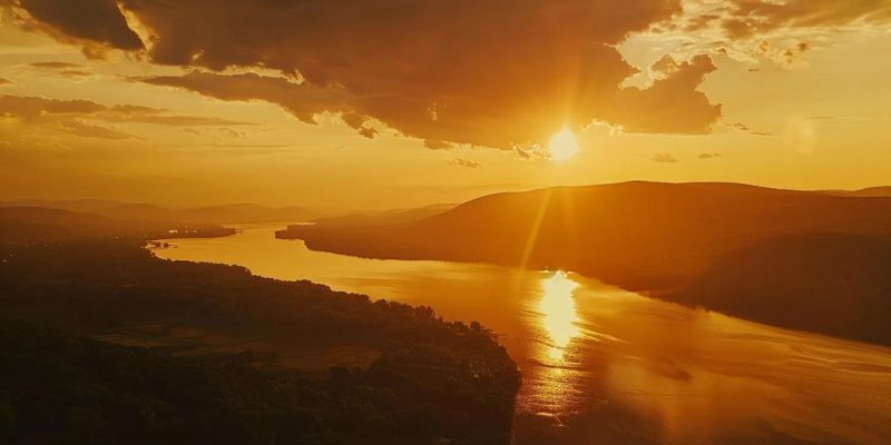 a serene sunset over the hudson valley, casting a warm golden glow on the rolling hills and tranquil waters, symbolizes a seamless transition in nature's cycle.
