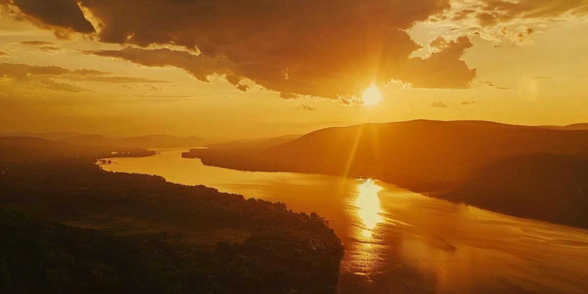 a serene sunset over the hudson valley, casting a warm golden glow on the rolling hills and tranquil waters, symbolizes a seamless transition in nature's cycle.