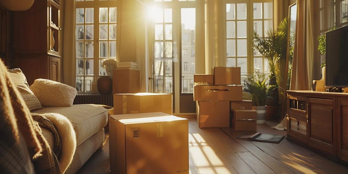 a serene, well-organized moving scene unfolds in a sunlit living room, showcasing neatly packed boxes and a cheerful atmosphere, symbolizing the ease and joy of a stress-free long-distance move.