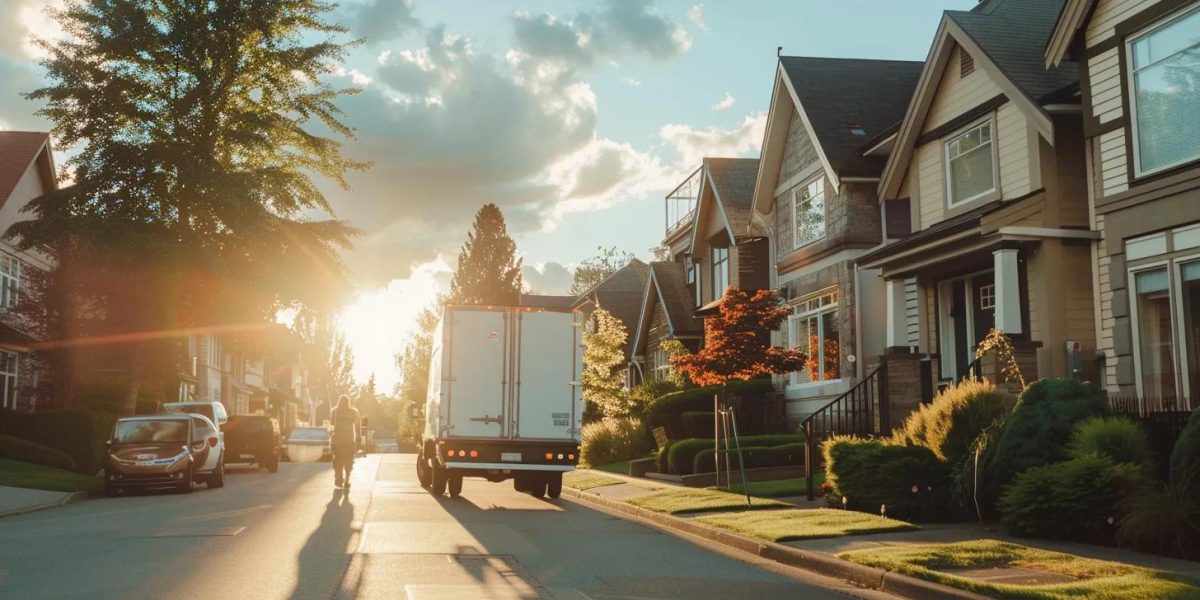 a vibrant, bustling scene showcasing a professional moving crew efficiently transporting furniture through a charming suburban neighborhood, with sun-drenched houses and lush green lawns in the background.