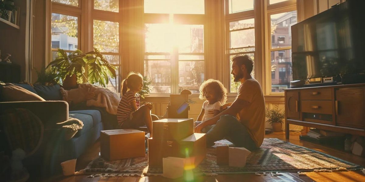 a vibrant scene captures a cheerful family surrounded by well-packed boxes in a sunlit living room, illustrating the joy of budget-friendly moving solutions.