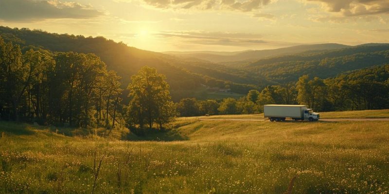 Moving truck parked in a scenic Hudson Valley landscape at sunset, symbolizing local and long-distance moving services offered by 845 Move Now.