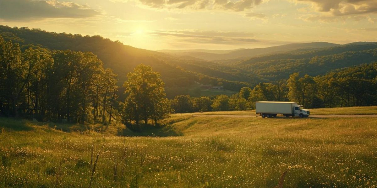 a vibrant scene of a picturesque hudson valley landscape, showcasing a charming moving truck parked amidst rolling green hills, with the sun setting in an array of warm hues that highlights the serene beauty of the region.