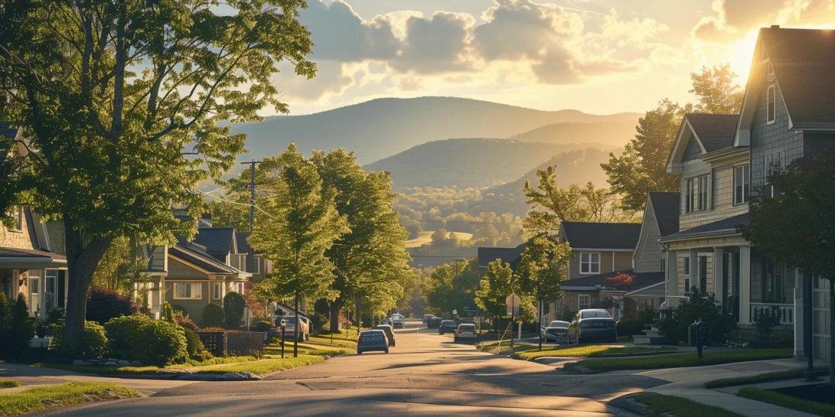 a vibrant scene of a skilled local moving team seamlessly navigating through a tree-lined hudson valley neighborhood, with picturesque mountains in the background bathed in golden sunlight, highlighting the essence of community and dependability.