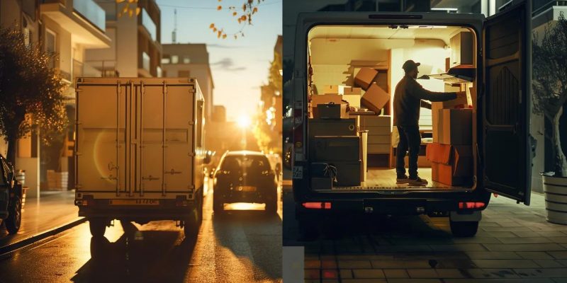 Moving truck parked on city street at sunset, with a mover organizing boxes in the truck's open rear, illustrating professional moving services in Hudson Valley.