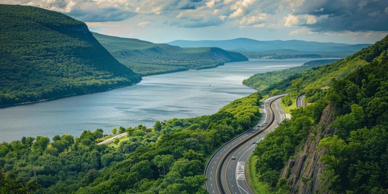 Vibrant winding highway alongside a river, surrounded by lush green hills in the Hudson Valley, illustrating scenic routes relevant to interstate moving regulations.
