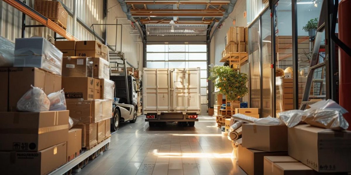 a vivid comparison scene showcases a cluttered diy packing space filled with boxes and bubble wrap on one side, contrasted against a sleek, organized moving truck operated by professional movers on the other, encapsulating the theme of balancing cost-efficiency and safety in relocation.