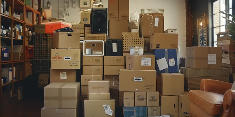 Neatly organized stack of labeled moving boxes in a cozy room, illustrating the packing process for stress-free long distance moves.