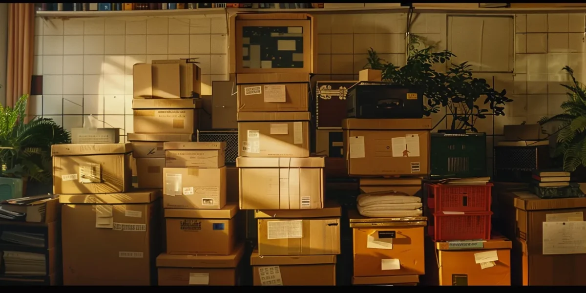 a neatly organized stack of moving boxes labeled with different rooms, ready for a long distance move.