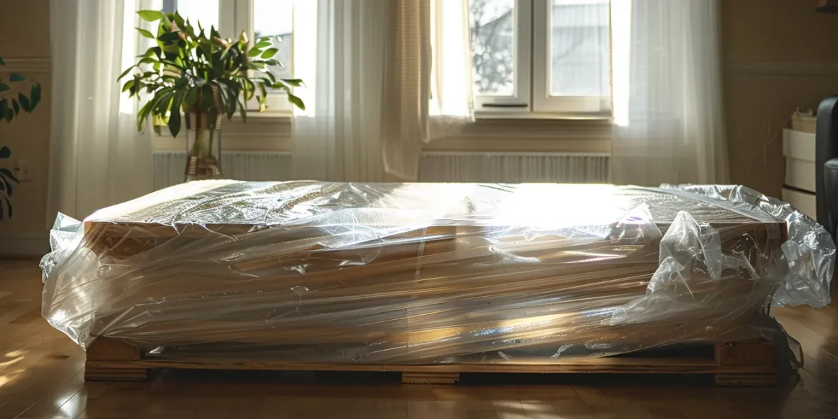 a sturdy wooden dining table wrapped in protective bubble wrap and packing tape, ready for a cross-country move.