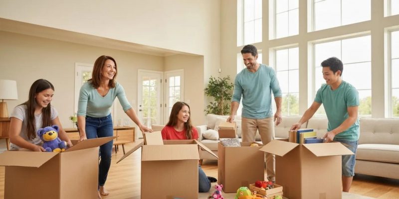 Family packing for a long distance move, showcasing excitement and teamwork