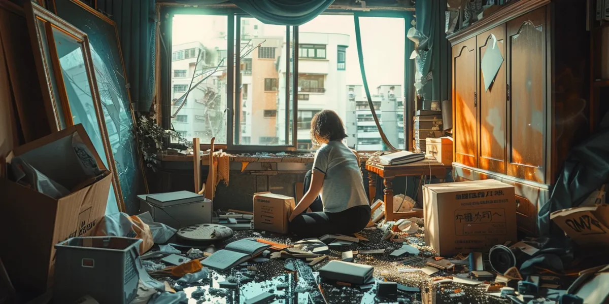 a frustrated woman inspecting a cracked mirror surrounded by broken boxes and scattered belongings.