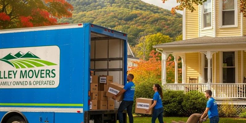 Busy B-Line Movers truck in Hudson Valley with moving crew unloading boxes