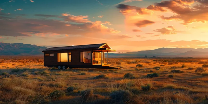 Tiny home on wheels in a vast desert landscape at sunset, showcasing the impact of distance and size in moving scenarios.