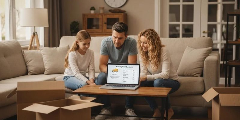 Family reviewing moving cost estimates on a laptop in a living room with moving boxes, emphasizing budgeting for relocation services.