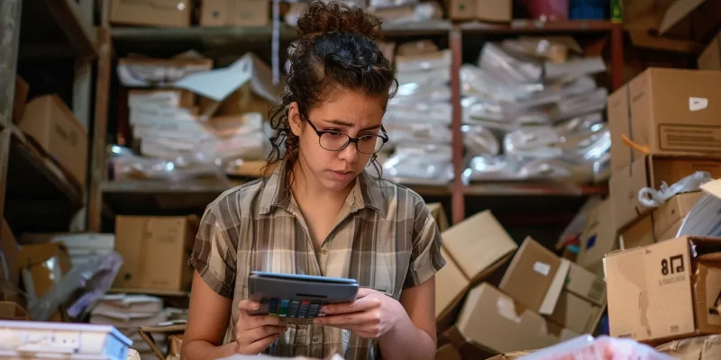 Woman calculating moving costs with a calculator in a cluttered space filled with cardboard boxes, illustrating the process of estimating local moving expenses.