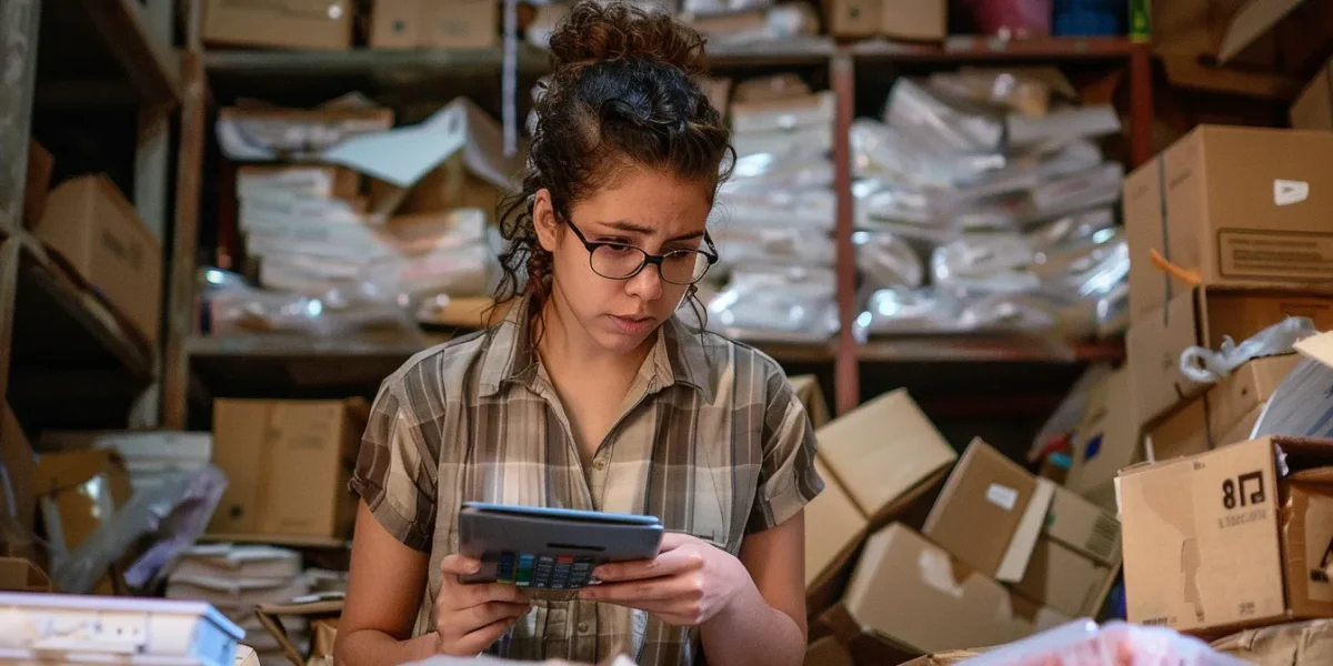 a person surrounded by stacks of moving boxes, with a calculator in hand, looking both focused and determined.