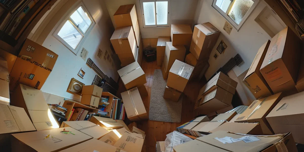 neatly organized moving boxes stacked to the ceiling in a spacious room.