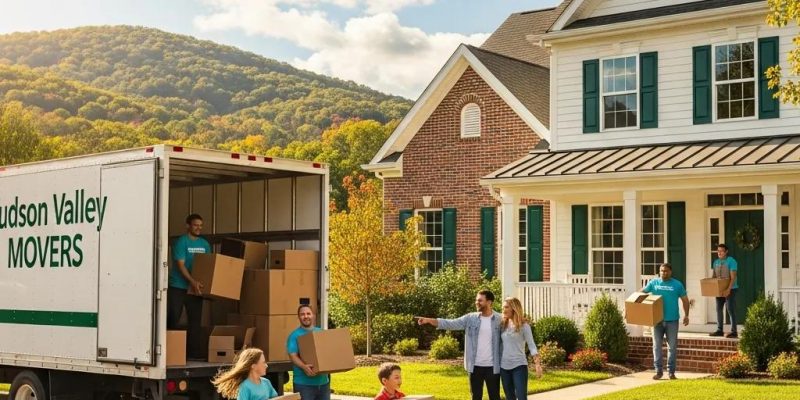 Family moving into a new home in Hudson Valley, NY, with movers unloading a truck