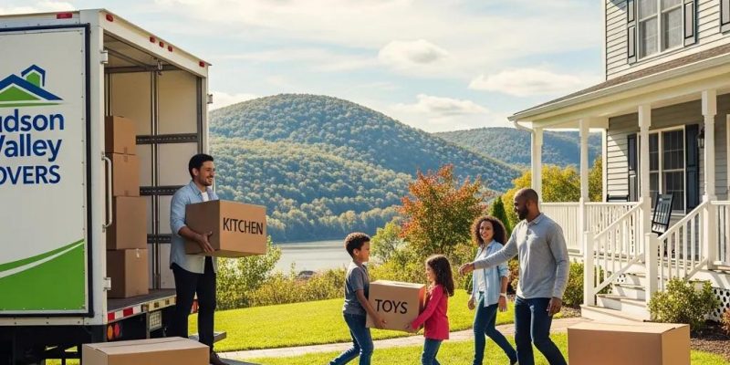 Family moving into a new home in Hudson Valley, carrying boxes labeled "Kitchen" and "Toys," with a moving truck in the background and mountains visible.