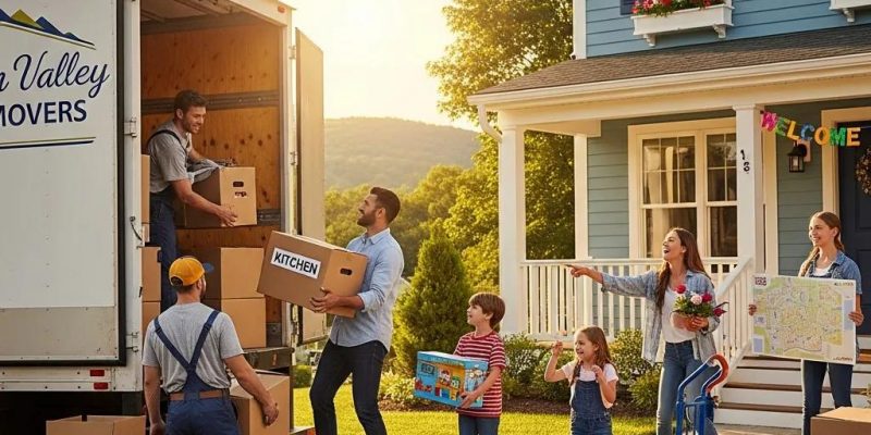 Family moving into a new home in Hudson Valley with friendly movers unloading boxes from a moving truck, showcasing a welcoming atmosphere and community spirit.