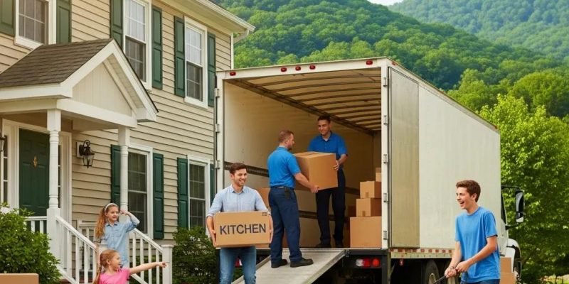 Family moving into a new home in Hudson Valley with movers and a moving truck