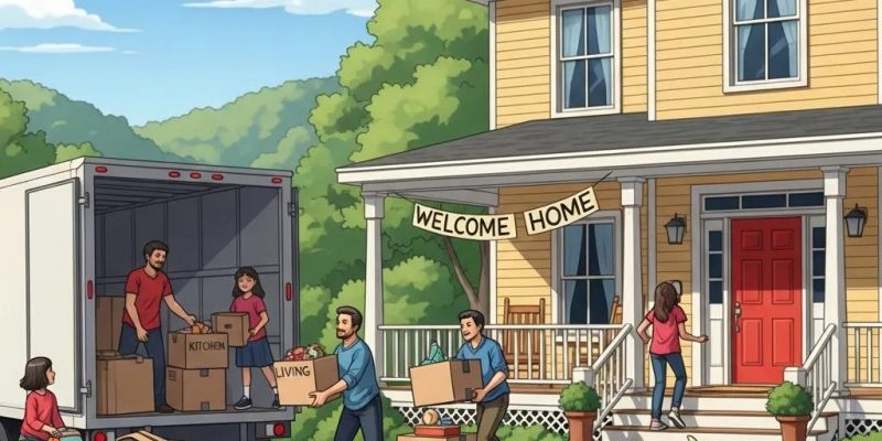 Family moving into a new home in Hudson Valley with movers and a truck