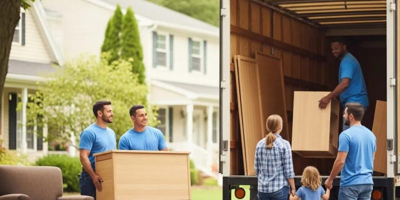 Family-owned moving company team loading furniture into a truck in Hudson Valley, showcasing efficient moving services and customer engagement.