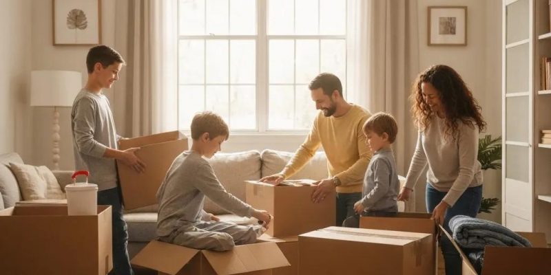 Family packing belongings in a cozy living room during a move, emphasizing homeowners insurance considerations