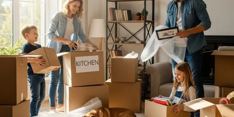 Family packing boxes in a bright living room, symbolizing the excitement of moving to a new home