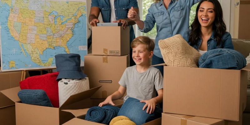 Family packing for a long distance move from Connecticut, showcasing excitement and preparation