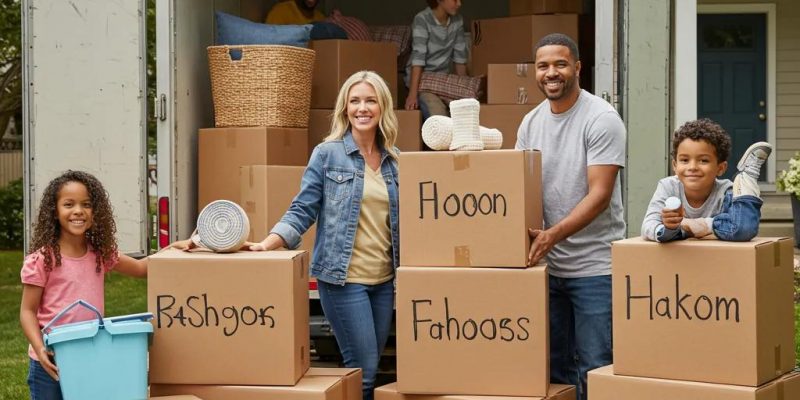 Family preparing for a long-distance move, smiling and posing with labeled moving boxes, emphasizing excitement and organization.