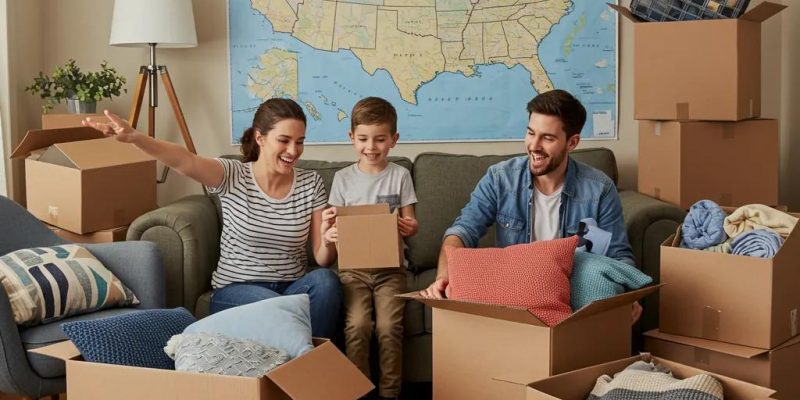 Family packing for a long distance move from New York, showcasing excitement and preparation