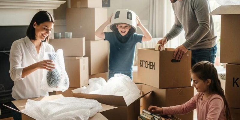 Family packing for a move, showcasing teamwork and excitement in a cozy home environment