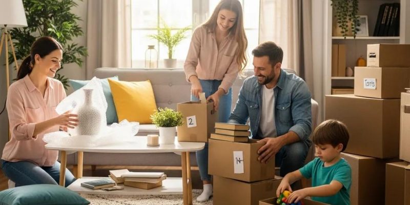 Family packing boxes in a cozy living room, with a focus on organization and careful handling of items, illustrating expert packing tips for moving.